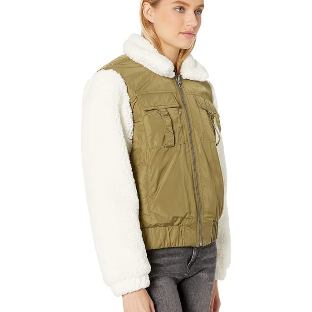 Olive Green Women's Jacket with Sherpa sleeves and collar